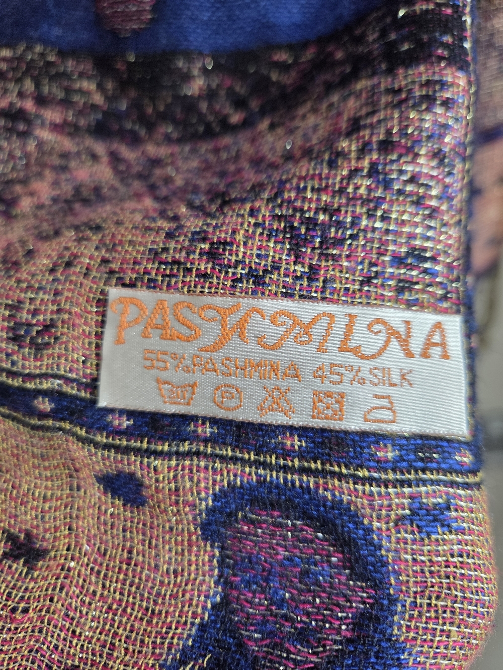 Religous Blue Pashmina & Silk Shawl, Scarf with Gold Trim - Picture 5 of 8